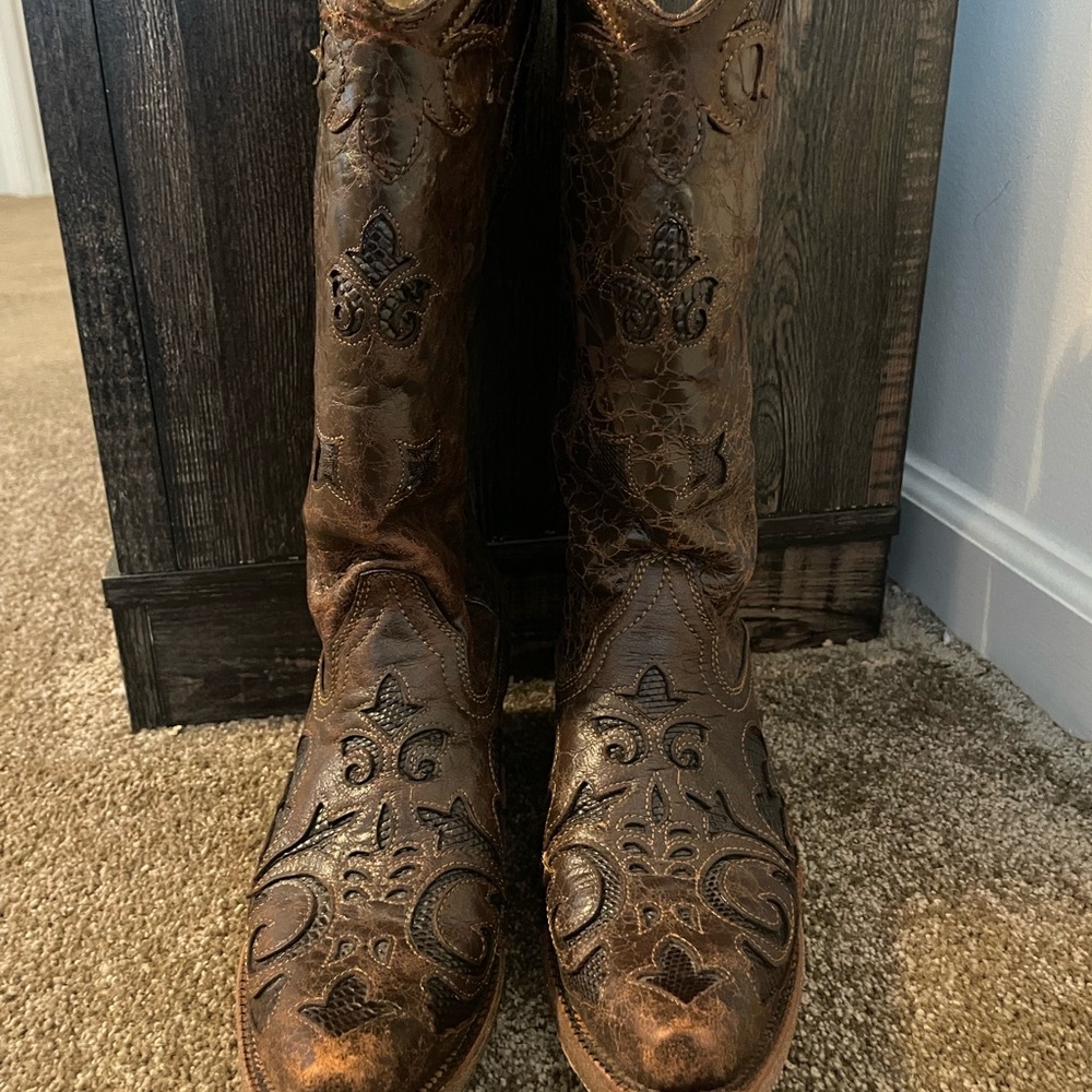 Brown and Black Embroidered Cowboy Boots. Worn